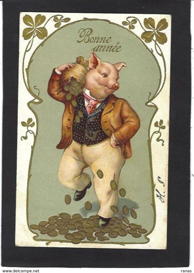 CPA Cochon Pig Position Humaine Circulé Gaufré Embossed - Schweine