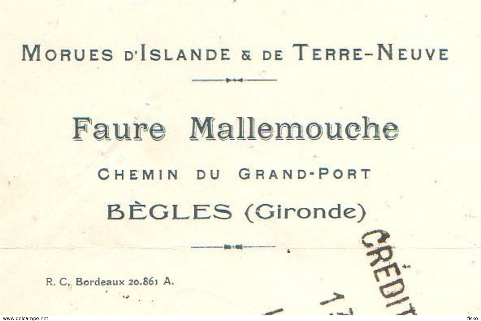 FAURE &amp; MALLEMOUCHE   Morues D'Islande &amp; Terre Neuve   BEGLES  33 - Lettres De Change