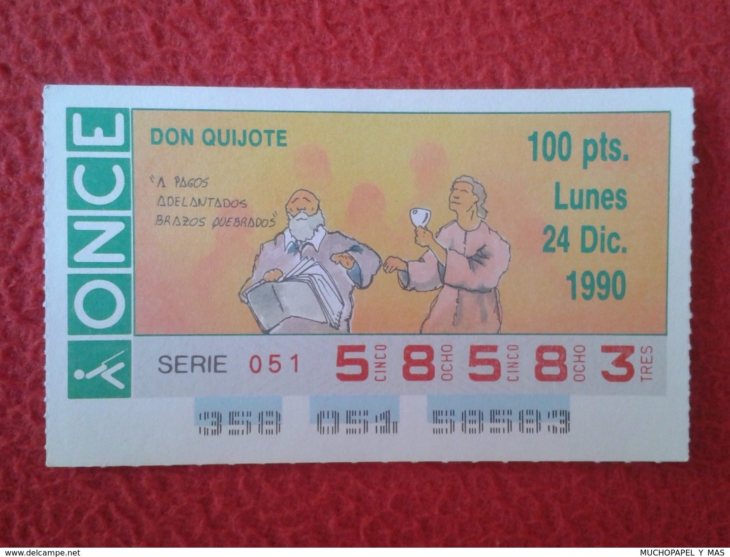 SPAIN CUPÓN DE ONCE CIEGOS LOTTERY LOTERÍA ESPAÑA 1990 DON QUIJOTE LA MANCHA MIGUEL CERVANTES DICHOS ESCENAS REFRANES... - Billetes De Lotería