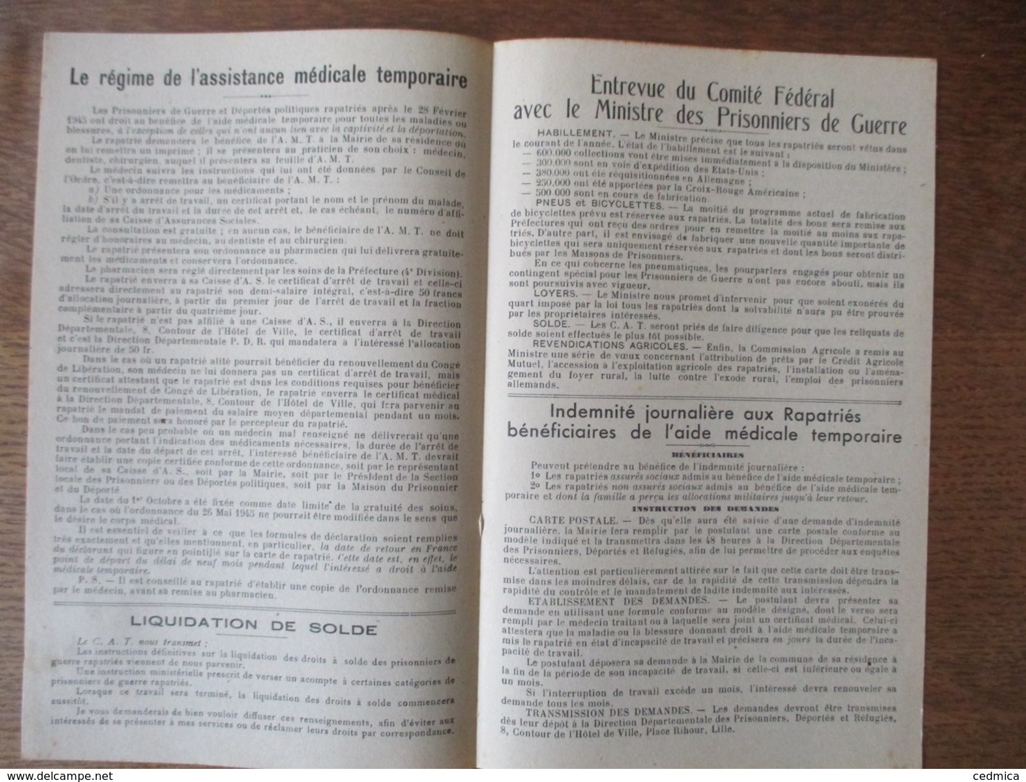 ASSOCIATION DEPARTEMENTALE DES PRISONNIERS DE GUERRE DU NORD BULLETIN SEPTEMBRE 1945 ARRONDISSEMENT DE CAMBRAI - Documenti Storici