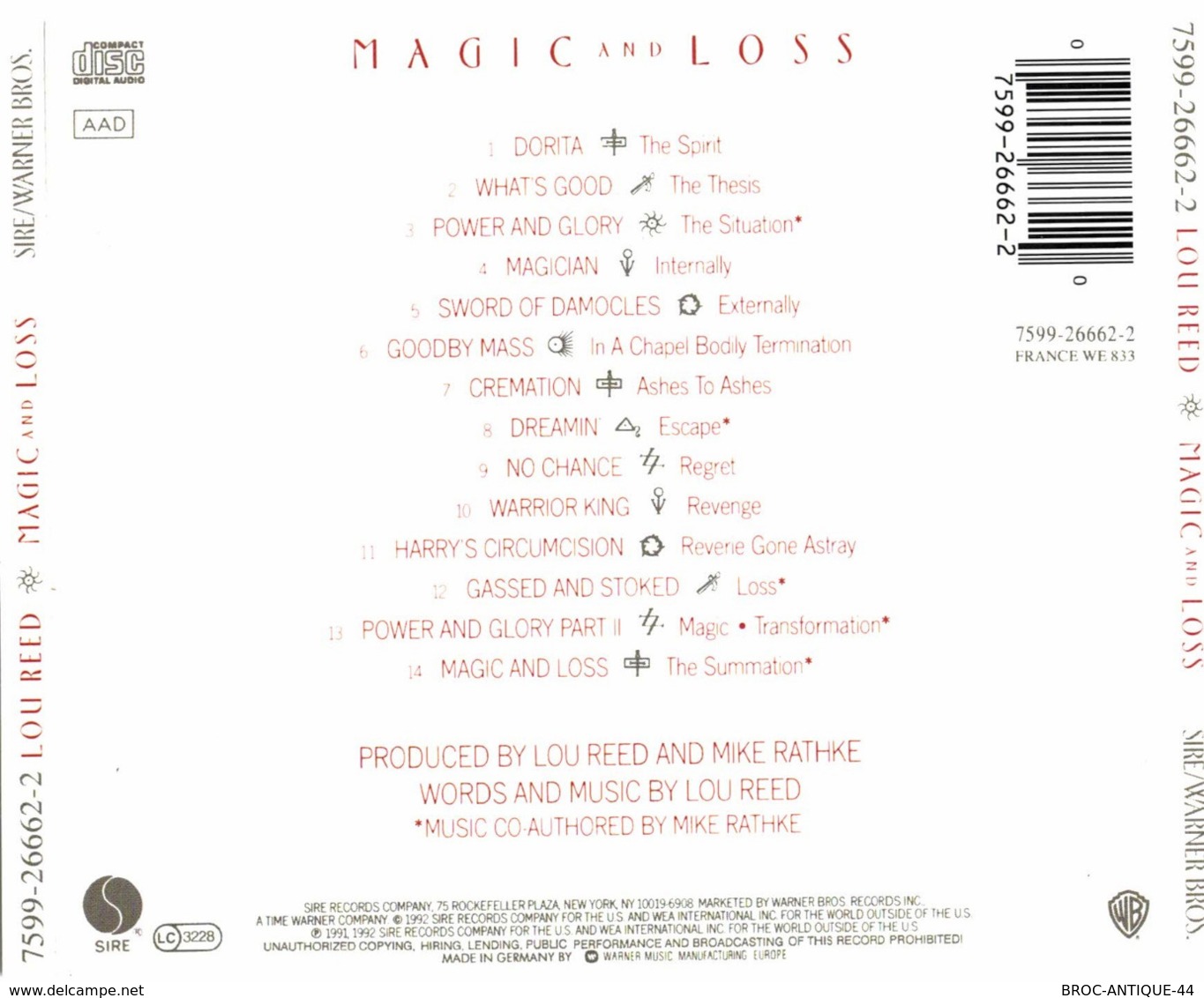 CD N°453 - LOU REED - MAGIC AND LOSS - Rock