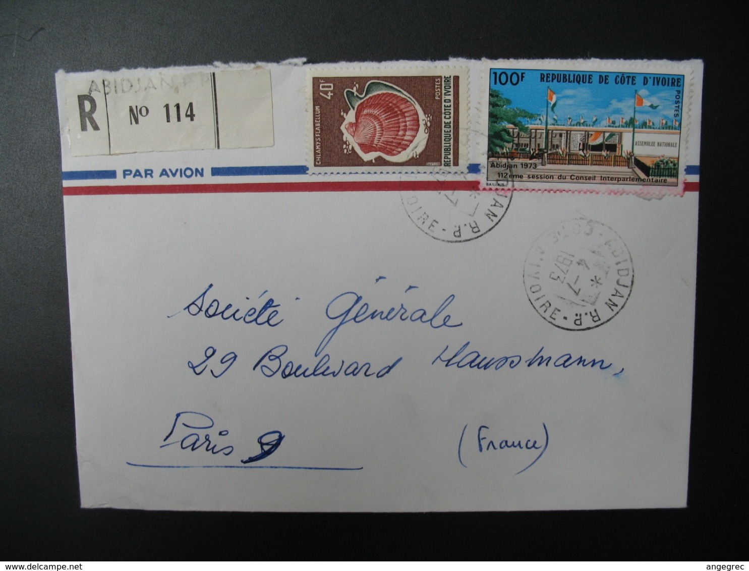 Côte D'Ivoire Abidjan  Lettre Recommandée N°  114  - 1973  Pour Sté Générale  En France  Bd Haussmann Paris - Côte D'Ivoire (1960-...)