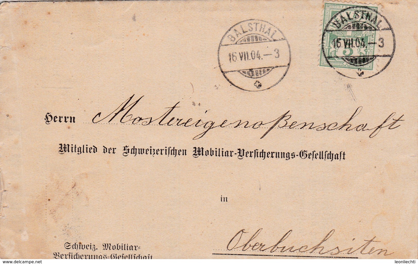 1904  Von Schweizerische Mobiliar Vers. Balsthal Nach Mostereigenossenschaft Oberbuchsiten. Zu: 65B / Mi. 53y - Lettres & Documents