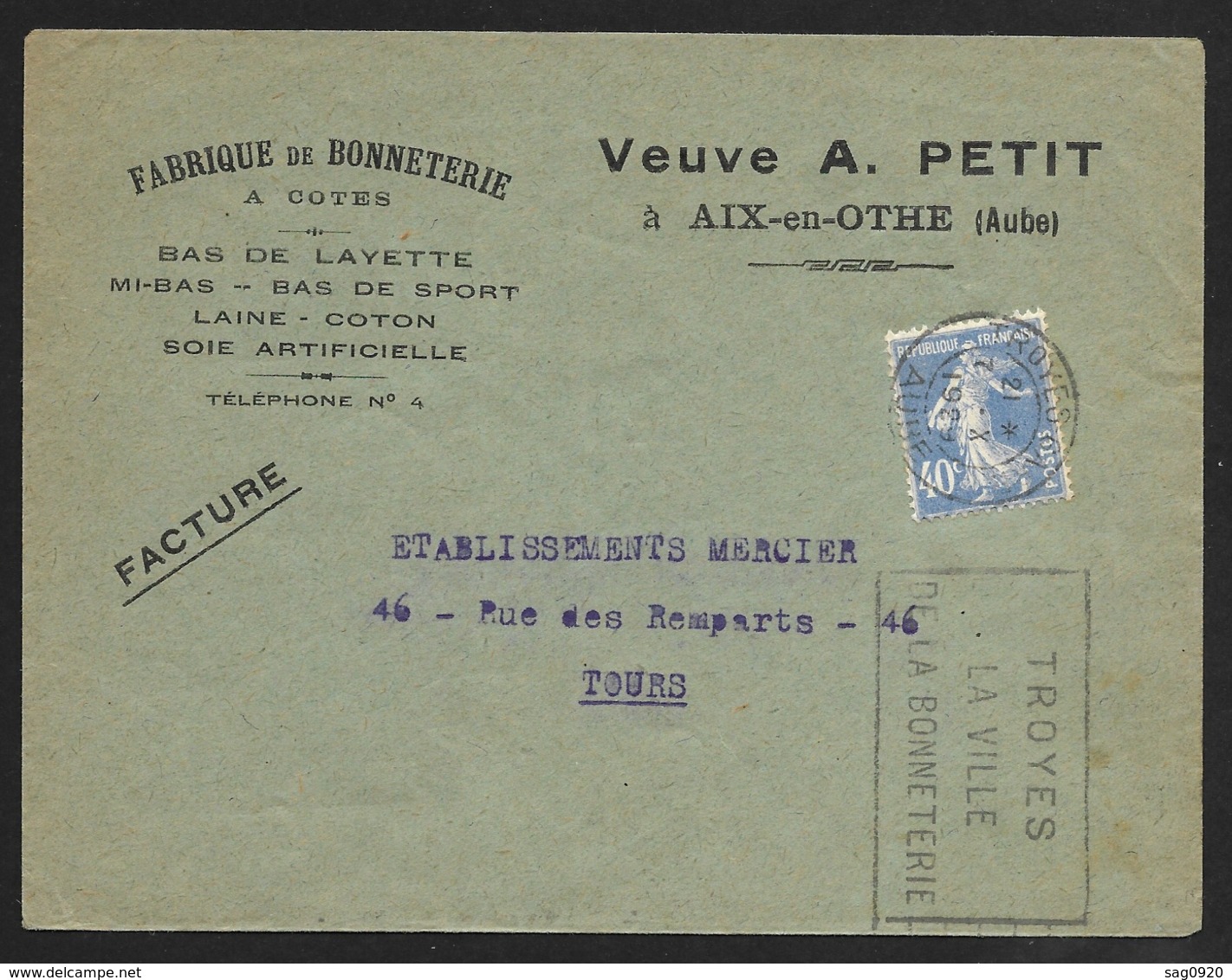 Aube-Enveloppe Fabrique De Bonneterie Avec Oblitération Troyes Gare - 1921-1960: Periodo Moderno