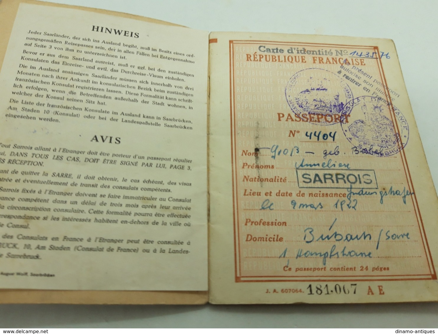 1948 Saar Sarrois Passport Passeport Reisepass  Issued In Sarrebruck - Full Of Visas - AMG Revenues Fiscal Timbres - Documents Historiques