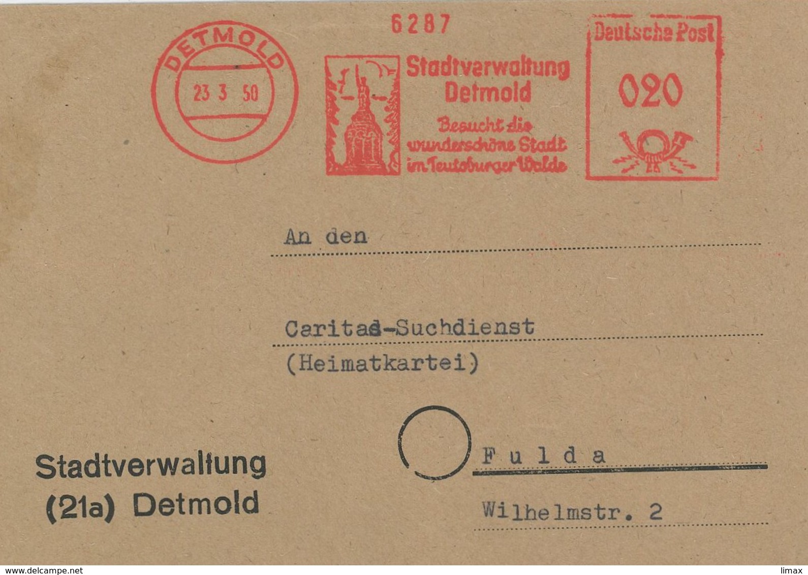 Detmold 1950 Stadtverwaltung Teutoburger Wald - Storia Postale