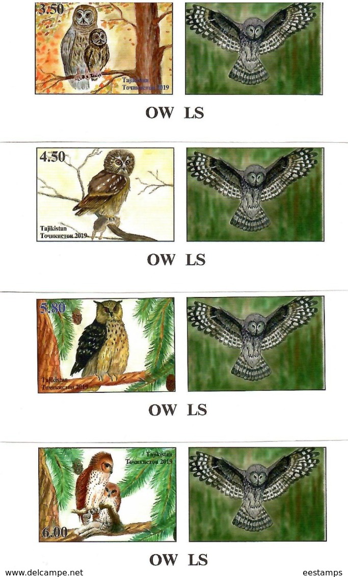 Tajikistan  2019 . Owls. Imperf .4v:3.50,4.50,5.80,6.00 + Label - Tajikistan