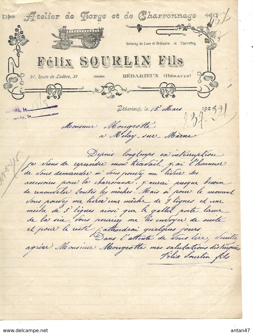 Lettre 1922 / 34  BEDARIEUX / F. SOURLIN / Forge, Charronnage - 1900 – 1949