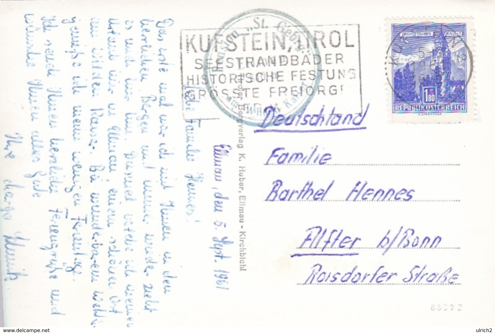AK Ellmau - Pension St. Georg Am Wilden Kaiser - Werbestempel Kufstein 1961 (43464) - Kufstein