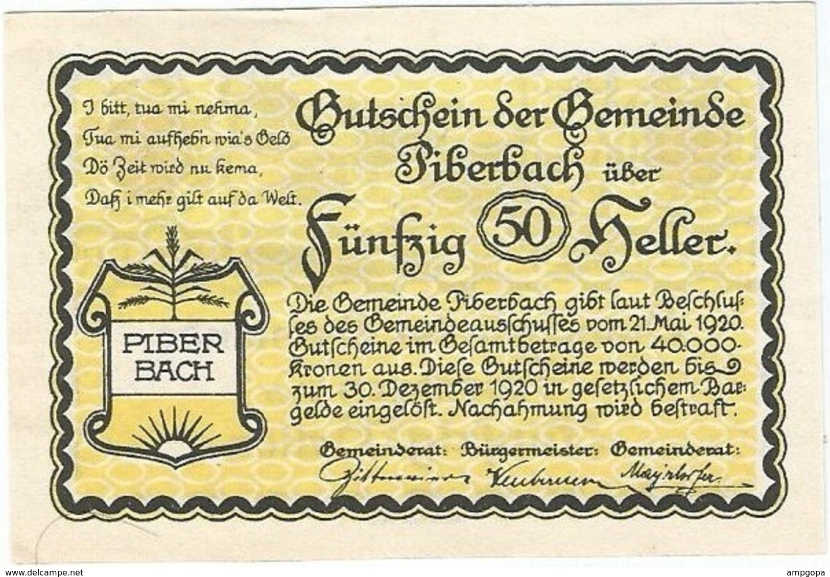 Austria (NOTGELD) 50 Heller Piberbach  Kon-fs 746 A.3  UNC Ref 3618-1 - Austria