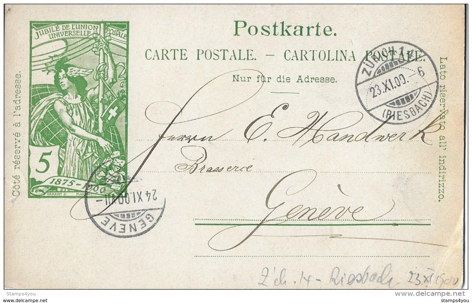 88 - 51 - Entier Postal UPU Avec Cachet à Date De Zürich Et Genève 1900 - Attention Petite Déchirure - Postwaardestukken