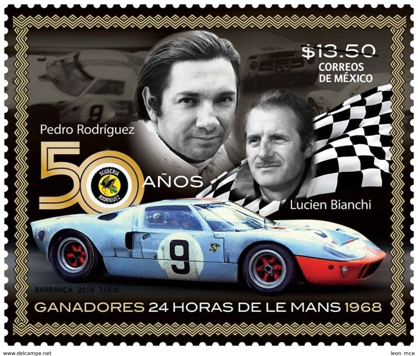 2018 MÉXICO  50 Años Ganadores 24 Horas De Le Mans, PEDRO RODRÍGUEZ Y LUCIEN BIANCHI, STAMP MNH 50 Anniv.  CAR RACES - Mexico