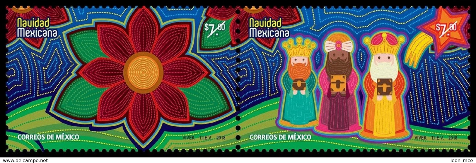 2018 MÉXICO NAVIDAD MEXICANA (par "Se-tenant"; 2 Estampillas MNH) CHRISTMAS MEXICAN FLOWER CHRISTMAS, THREE KINGS - Mexico