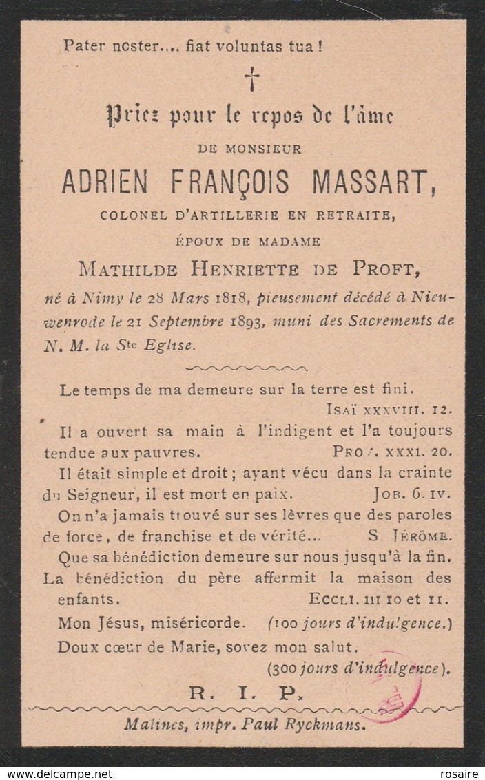 Adrien Francois Massart-colonel Artillerie In Ruste-nimy 1818-nieuwenrode 1893 - Devotieprenten