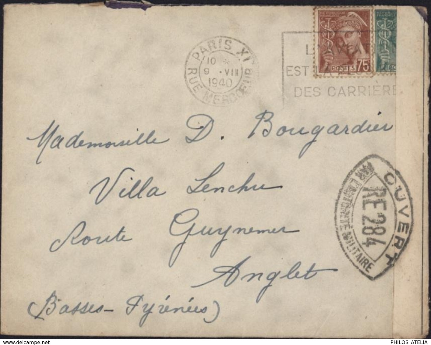 Guerre 39 45 YT Mercure 416A + ? CAD Paris XI R Mercoeur Bande Censure Contrôle Postal Militaire + Cachet RE284 = Pau - Guerre De 1939-45