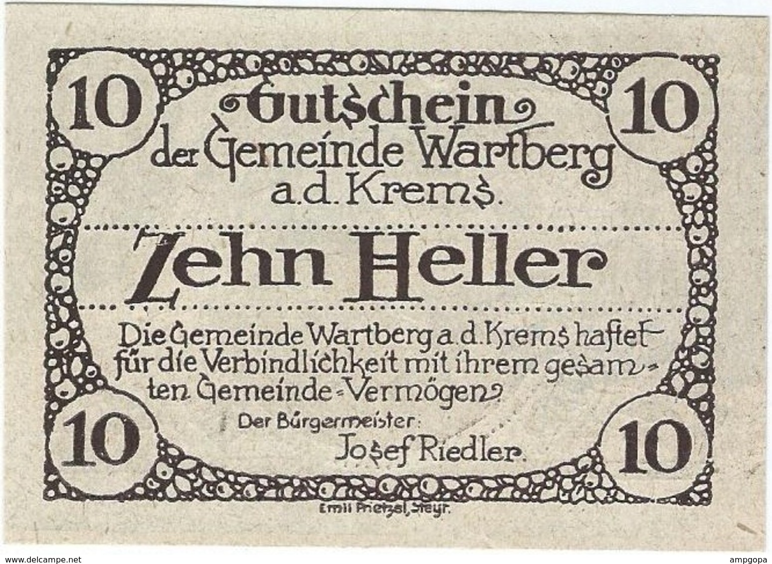 Austria (NOTGELD) 10 Heller Wartberg 31-12-1921 Kon-fs 1141 A.3 Marrón Oscuro UNC Ref 3650-1 - Austria