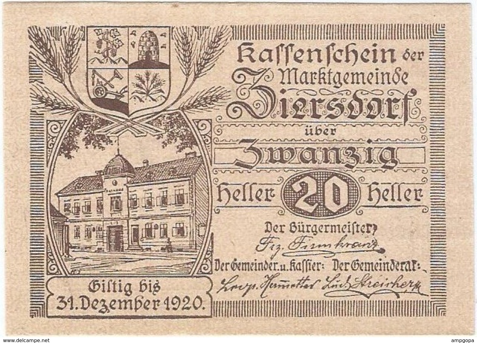 Austria (NOTGELD) 20 Heller Ziersdorf 31-12-1920 Kon-fs 1276 A.2 Con Coma Y Punto En Impresor UNC Ref 3652-1 - Austria