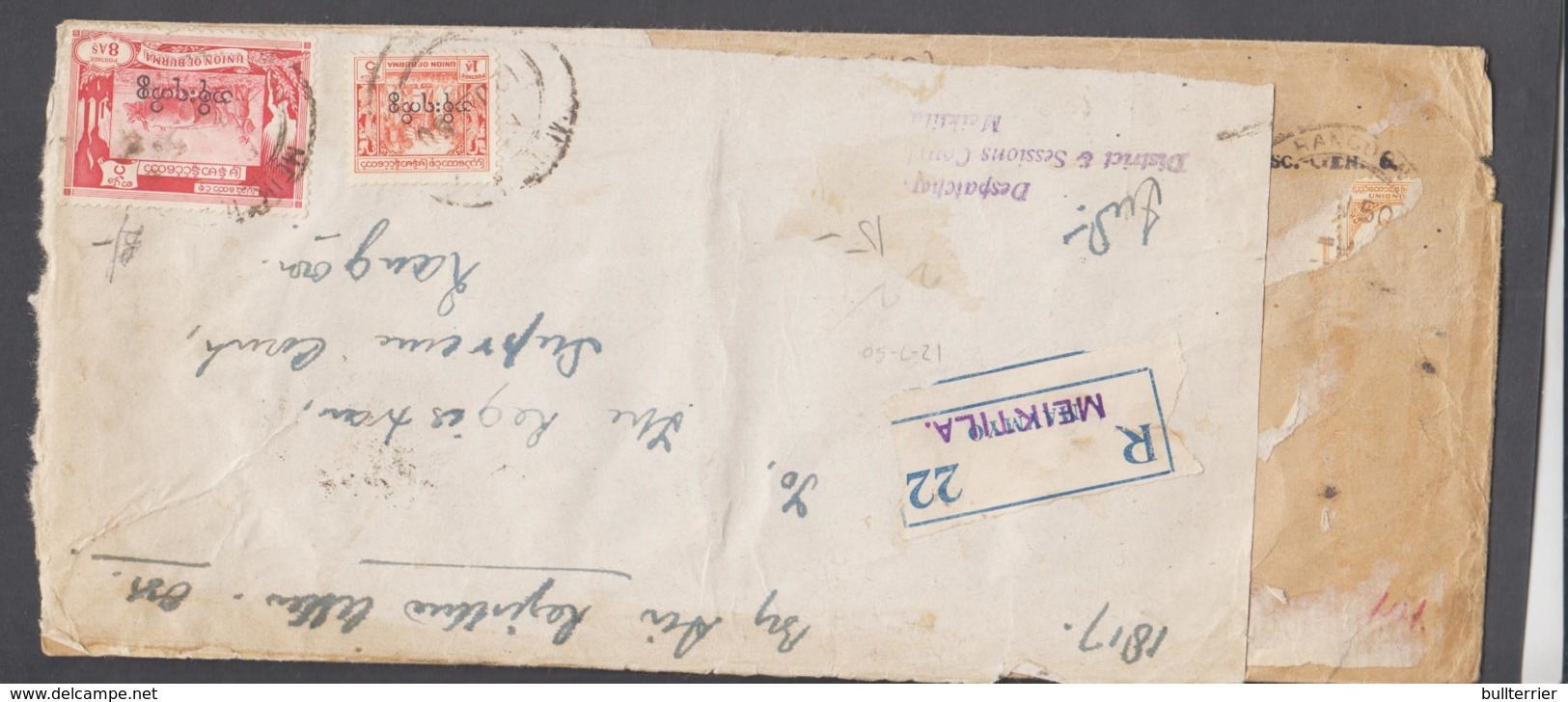 BURMA/MYANMAR  - 1950 -  RE USED ENVELOPE MEIKTILA TO RANGOON - Myanmar (Birma 1948-...)