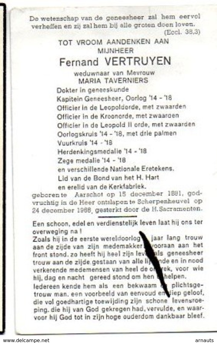 Vertruyen Fernand Wed Maria Taverniers °1891 Aarschot +1968 Scherpenheuvel Dokter Oorlog 14-18 Vuurkruis Oorlogskruis - Obituary Notices