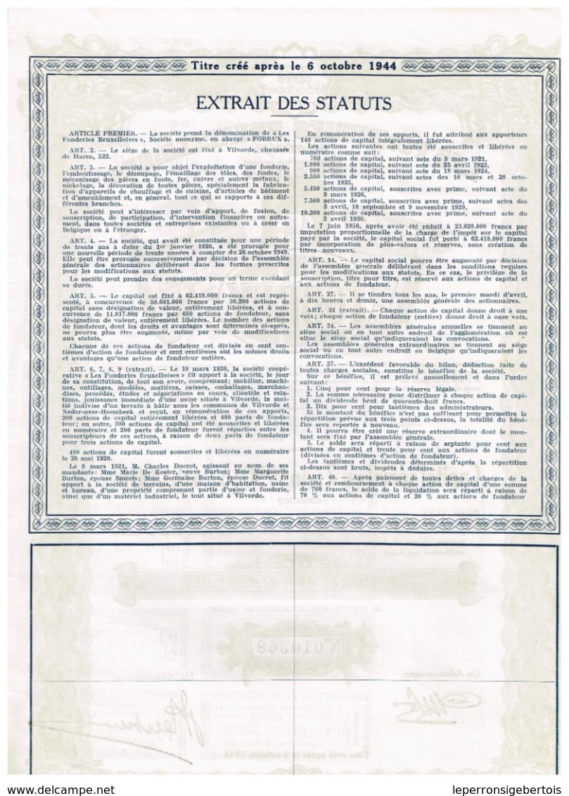 Titre Ancien - Les Fonderies Bruxelloises En Abrégé "FOBRUX"- Société Anonyme - Titre De 1950 - Industrie