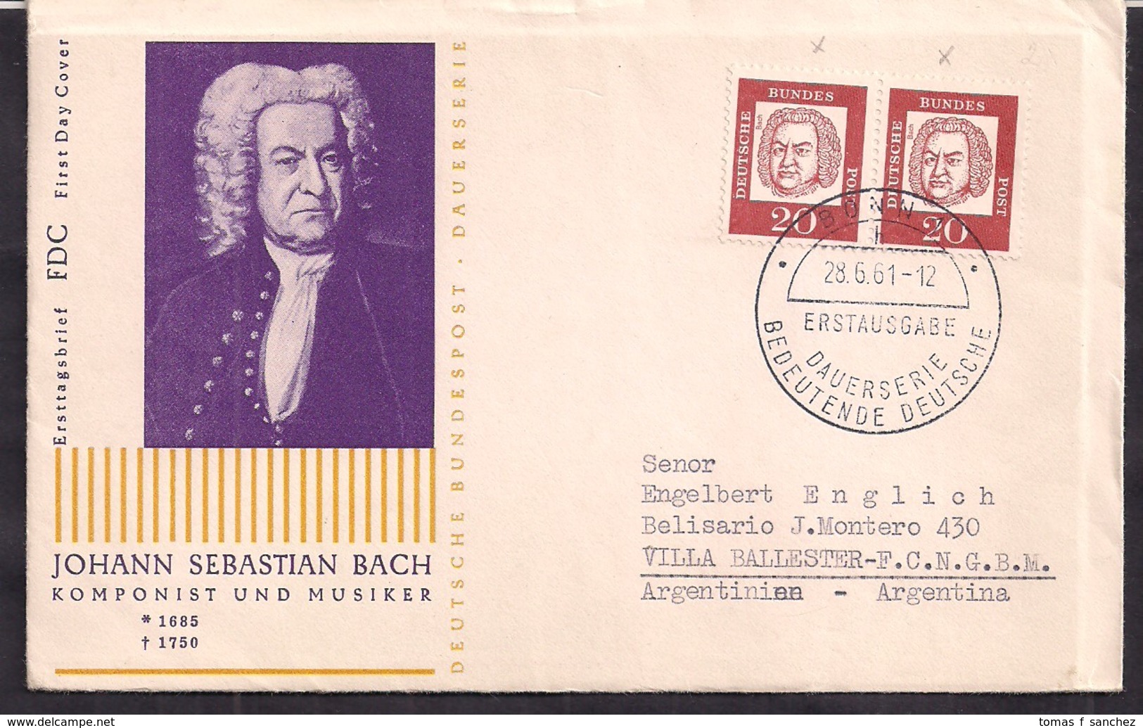 Deustche Bundespost - 1961 - FDC - Johann Sebastian Bach - Autres & Non Classés