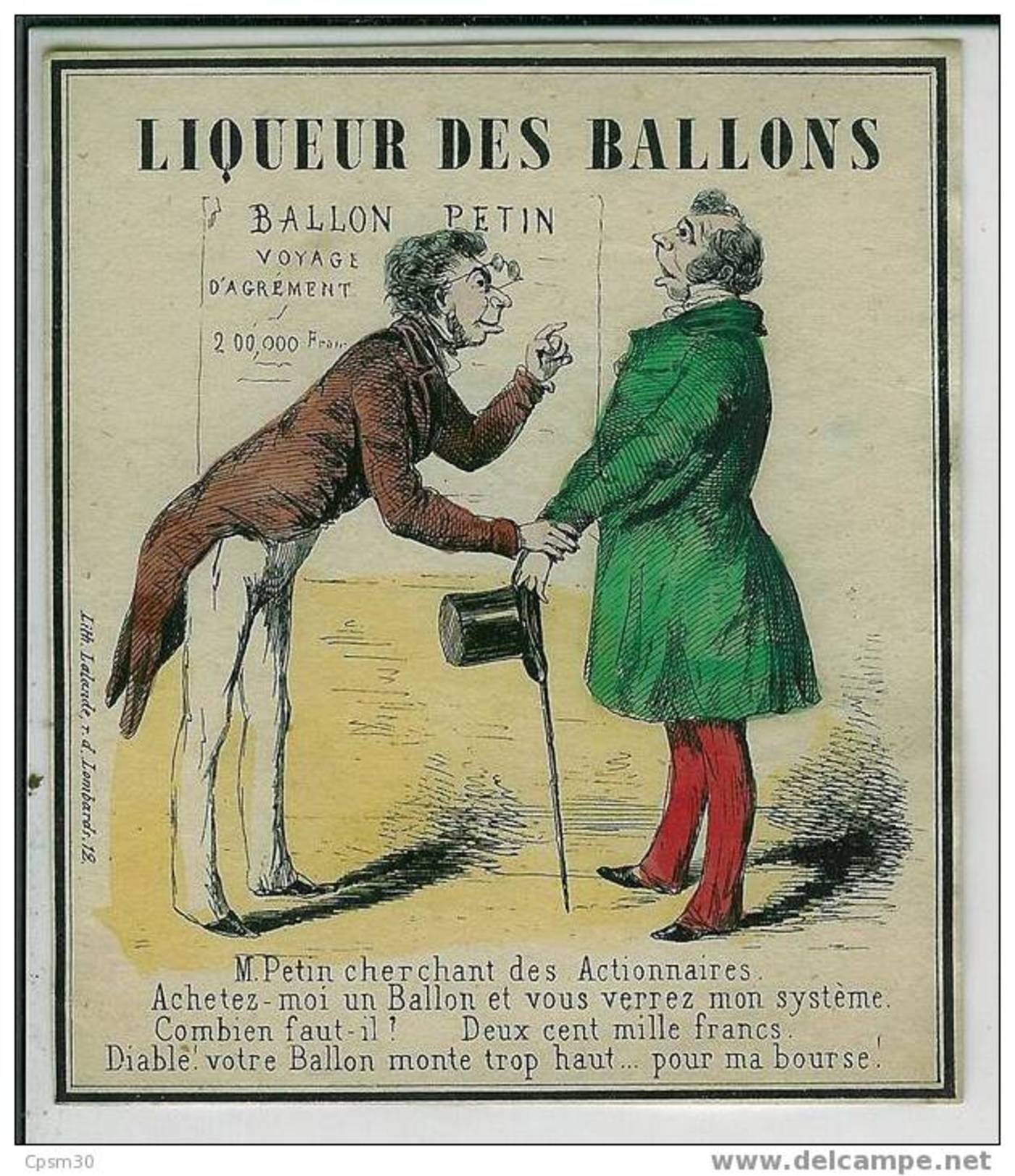 étiquette De Vin - Ou Boissons - Liqueur Des Ballons - Signé Lith. Lalande, R. D. Lombards. 12 - Dessin XVIII Ou XIX Eme - Autres & Non Classés