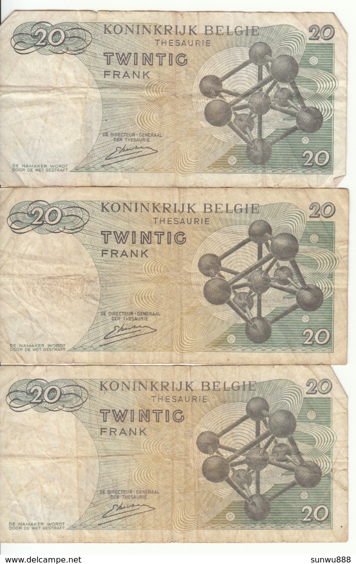 Belgique - Lot 3 Billet 20 Francs Frank (Baudouin Atomium 1964) (6) - Andere & Zonder Classificatie