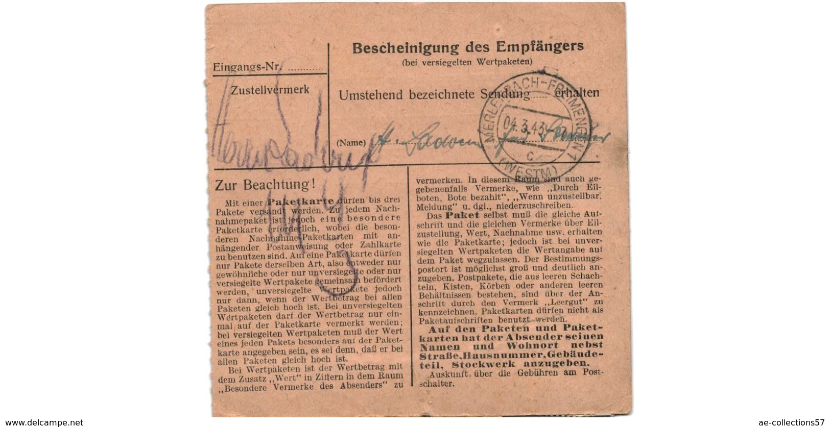 Allemagne  - Colis Postal  Départ Saar Bückenheim - 2-3-43 - Lettres & Documents