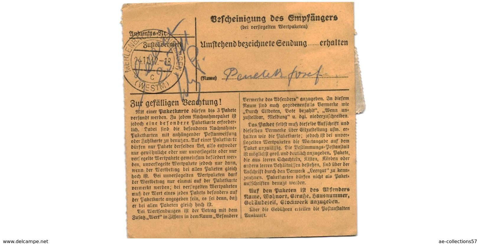 Allemagne  - Colis Postal  Départ Littai  -   14-11-42 - Briefe U. Dokumente