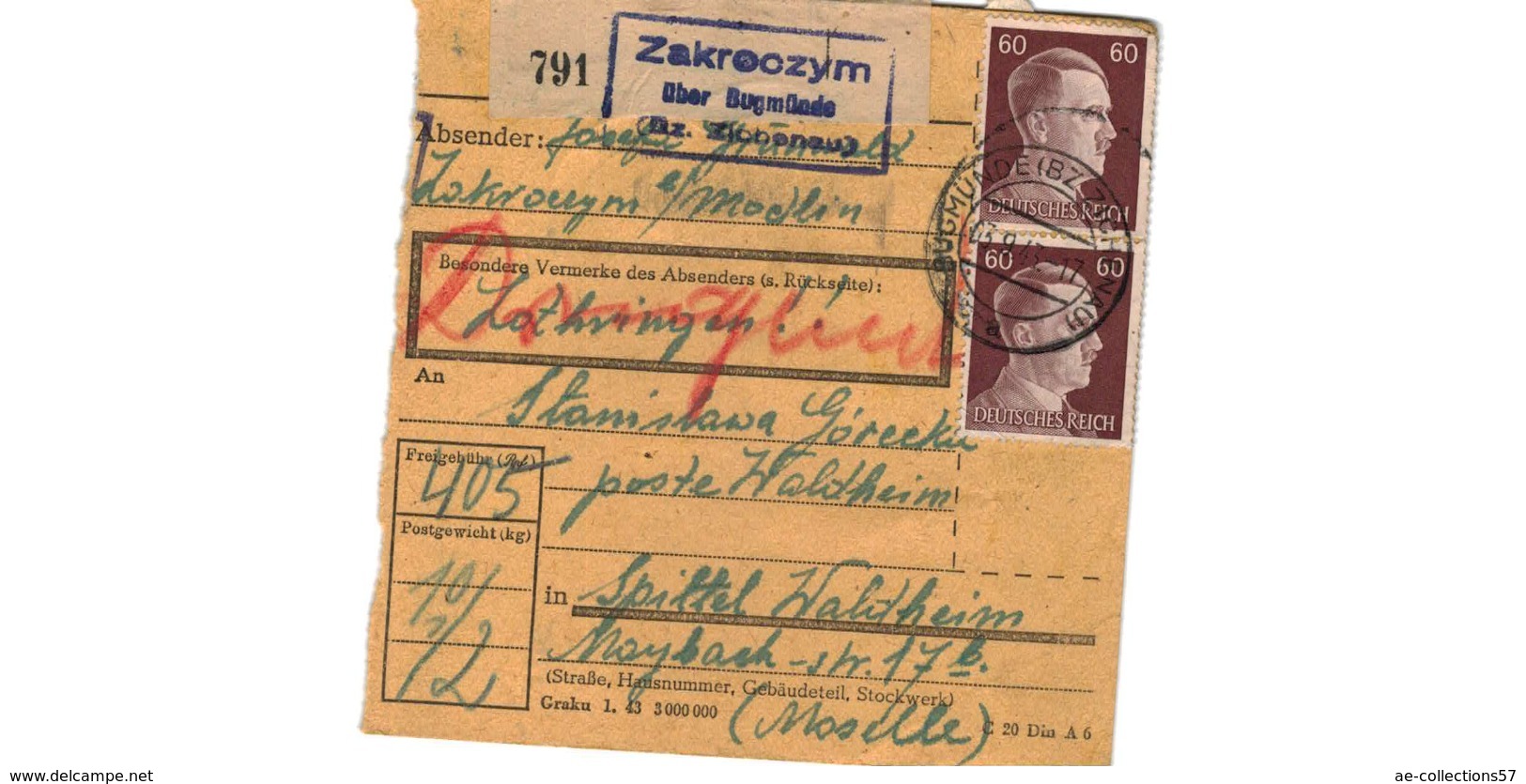 Allemagne  - Colis Postal  Départ Zakroozym - Spittel  Waldheim  -   3-9-43 - Lettres & Documents