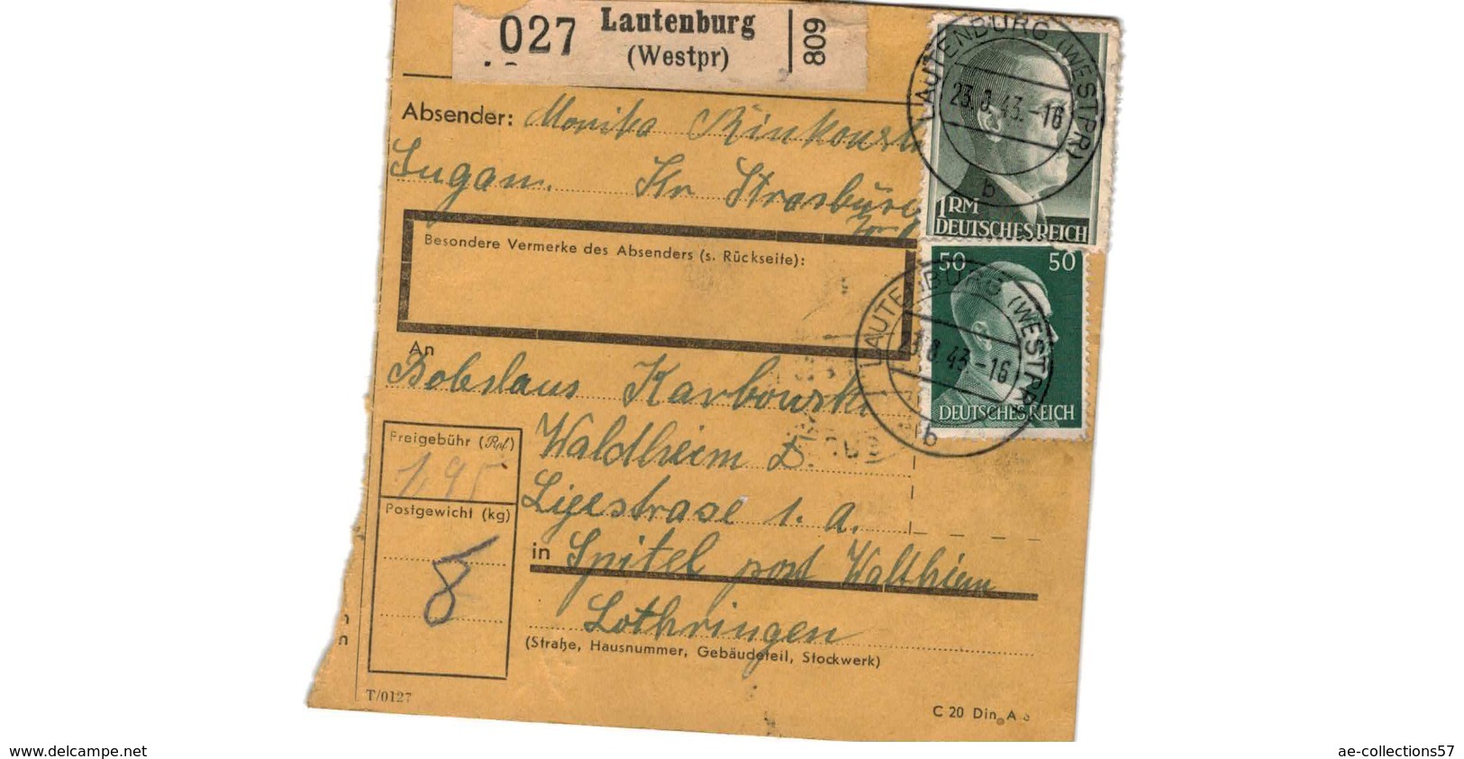 Allemagne  - Colis Postal  Départ Lautenburg - Spittel  Waldheim  -   23-8-43 - Lettres & Documents