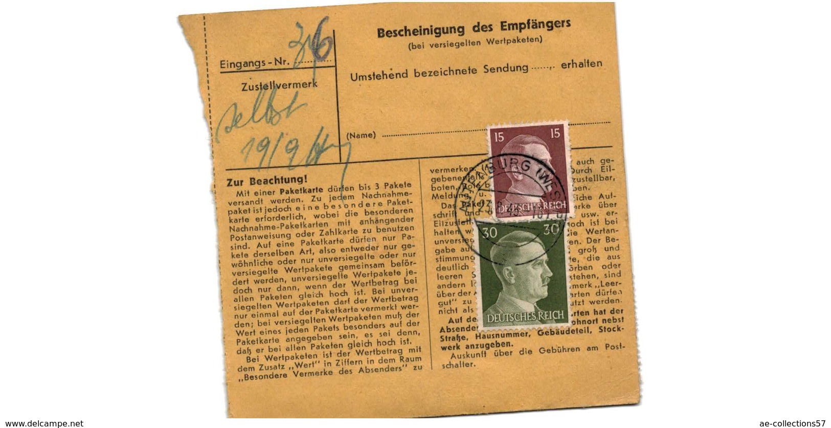 Allemagne  - Colis Postal  Départ Lautenburg - Spittel  Waldheim  -   23-8-43 - Lettres & Documents