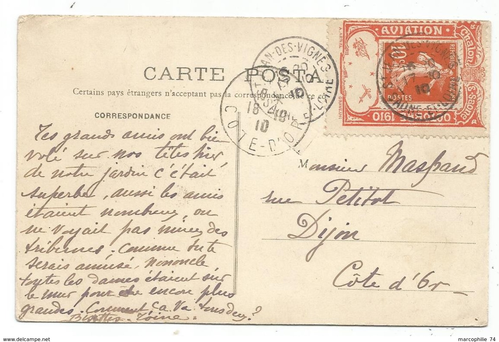 SEMEUSE 10C PORTE TIMBRE CHALON S SAONE AVIATION OCTOBRE 1910 CARTE HOPITAL - 1960-.... Lettres & Documents