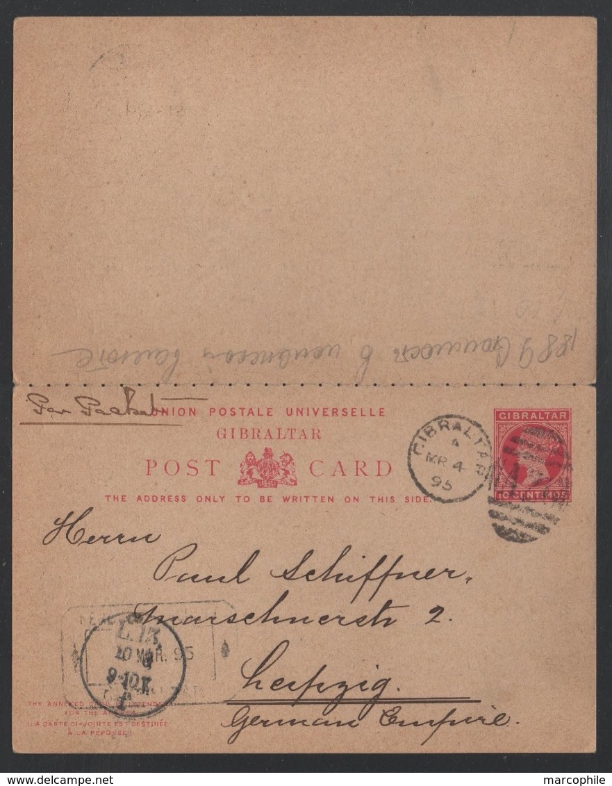 GIBRALTAR - QV / 1895 ENTIER POSTAL DOUBLE - REPONSE PAYEE POUR L ALLEMAGNE -LEIPZIG (ref LE352) - Gibilterra