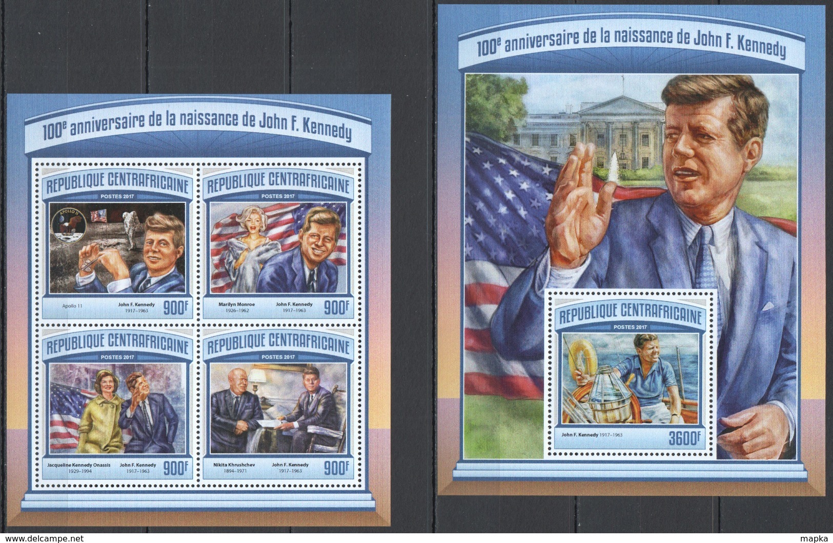 RR038 2017 CENTRAL AFRICA CENTRAFRICAINE 100TH ANNIVERSARY JOHN KENNEDY APOLLO MONROE KB+BL MNH - Kennedy (John F.)