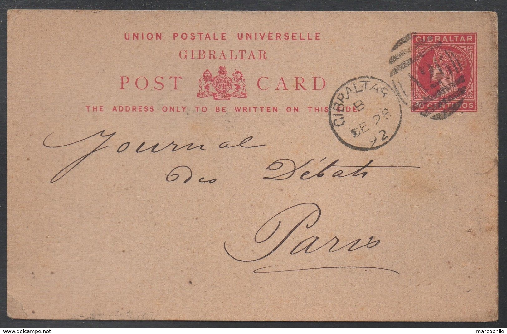 GIBRALTAR - QV / 1892 ENTIER POSTAL  POUR LA FRANCE - PARIS  (ref LE358) - Gibraltar