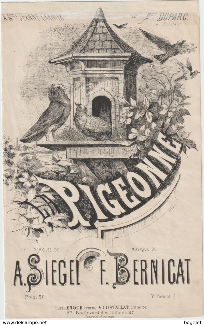 (ETH)la Pigeonne ,  DUPARC , Paroles A SIEGEL , Musique F BERNICAT - Partitions Musicales Anciennes