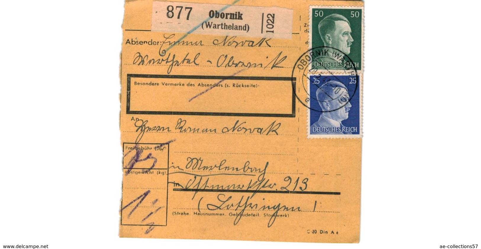 Allemagne  - Colis Postal  Départ Obornik ( Wartheland ) - Lettres & Documents