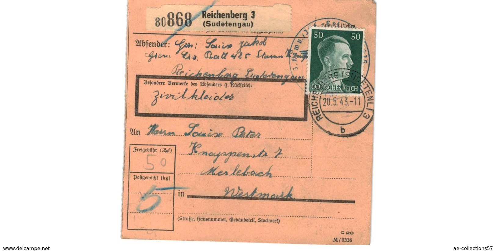 Allemagne  - Colis Postal  Départ Reichenberg   ( Sudetengau )  - 20-5-43 - Lettres & Documents