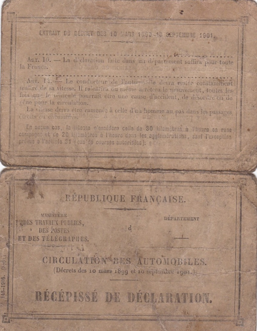 CIRCULATION  DES  AUTOMOBILES  -  RECEPISSE  DE  DECLARATION   (  CARTE  GRISE )   1908  . - Voitures