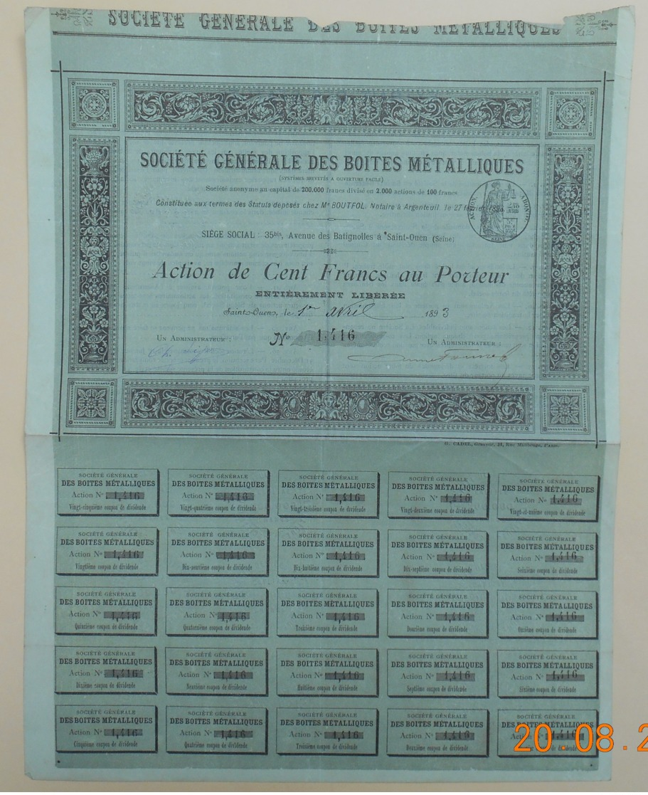 ACTION - Sté Générale DES BOITES METALLIQUES ( Systèmes Brevetés A Ouverture Facile ) 01 Avril 1893 - TRES RARE - Industrie