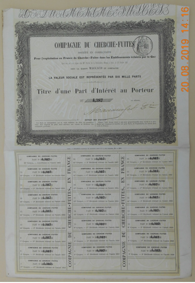 TITRE UNE PART D'INTERET De La COMPAGNIE DU CHERCHE-FUITES Du 25 Octobre 1855 - Industry