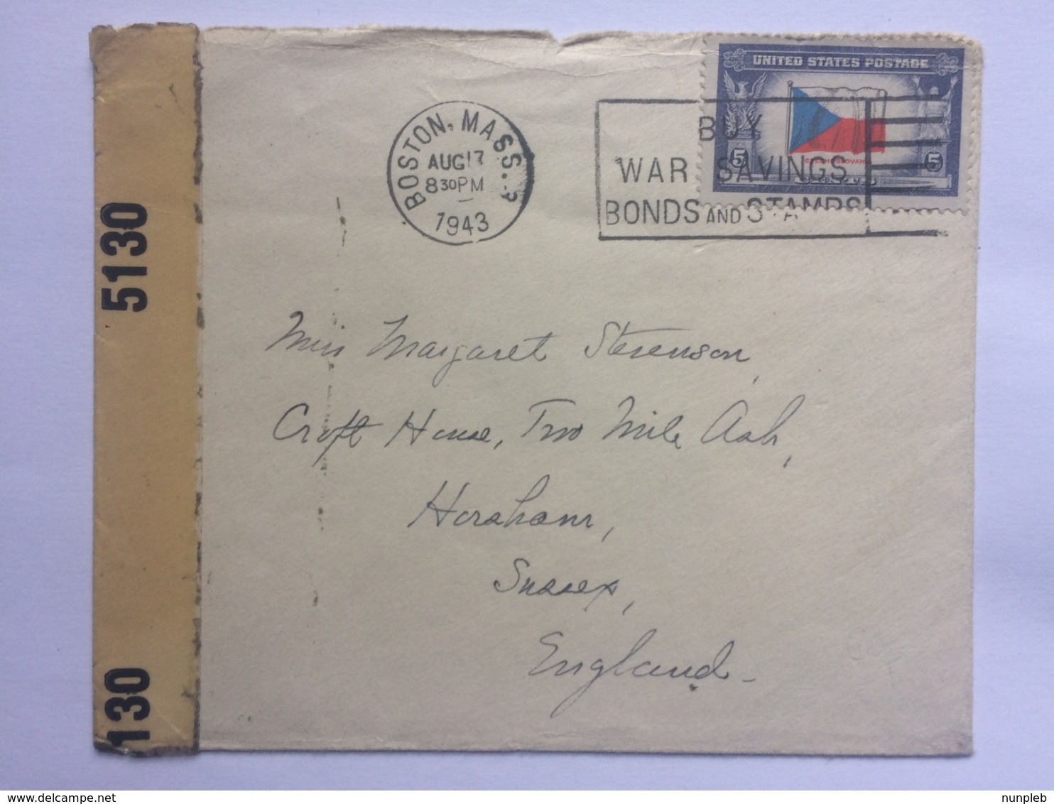 USA 1943 Cover Boston To England - With Censor Label - Cartas & Documentos