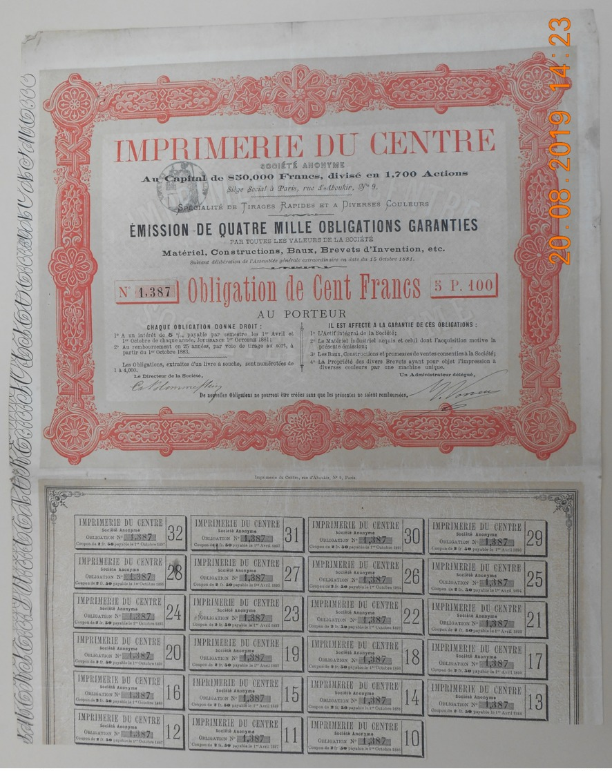 OBLIGATION - IMPRIMERIE Du CENTRE - Du 15 Octobre 1881 - Industry