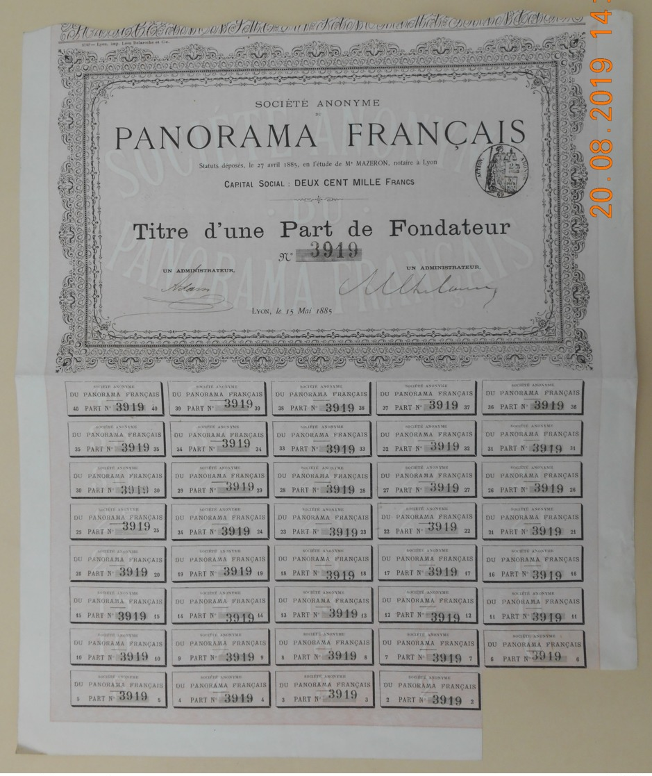 PART De FONDATEUR - PANORAMA FRANCAIS Du 15 Mai 1885 - Cine & Teatro