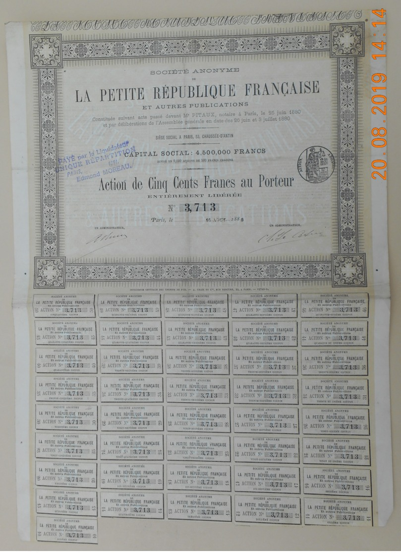 ACTION - LA PETITE REPUBLIQUE FRANCAISE Et Autres Publications Du 16 Août 1880 - Industrie