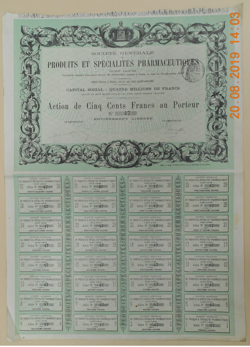 ACTION - Sté Générale De PRODUITS Et SPECIALITES PHARMACEUTIQUES  - 1884 - Industrie