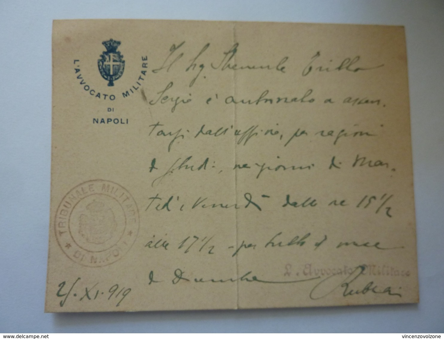 Cartoncino Manoscritto "L' AVVOCATO MILITARE DI NAPOLI - Tribunale Militare Di Napoli" 1919 - Manoscritti