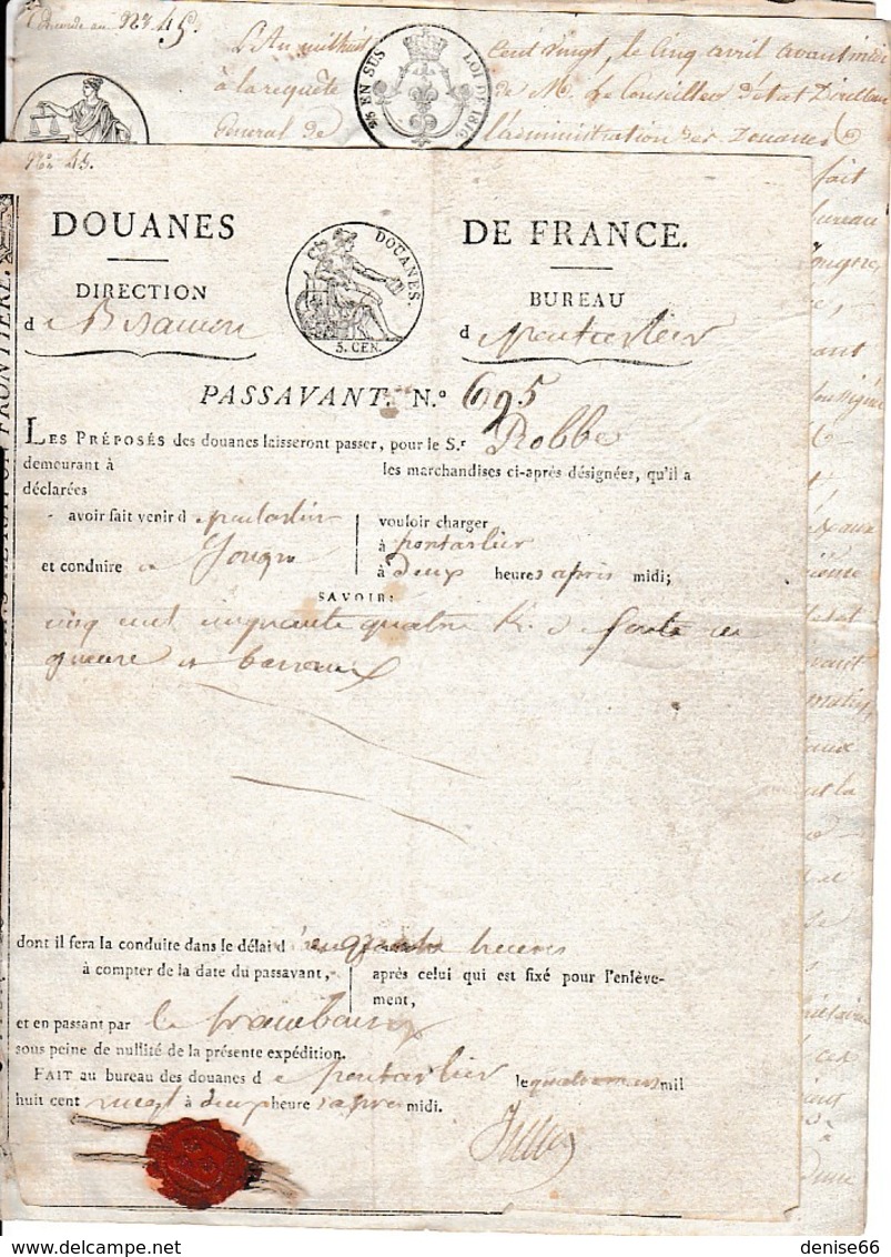 1820 DOUANES DE FRANCE - BESANÇON Pour PONTARLIER Avec Acte Notarié D'accompagnement - Cachet De Cire Rouge - Documenti Storici