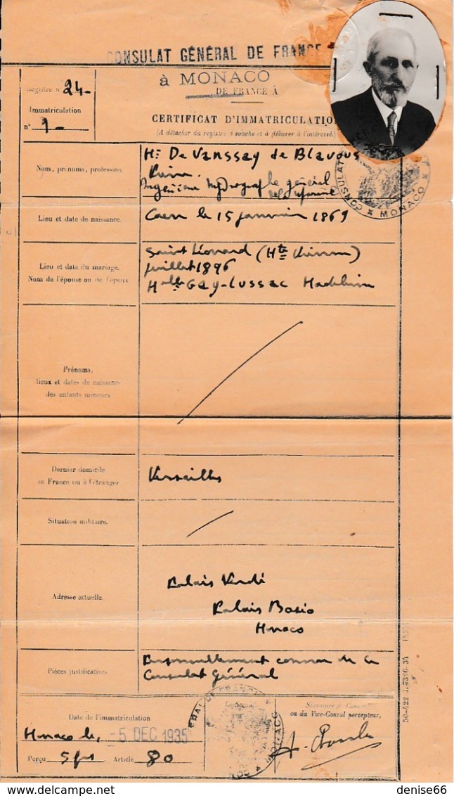 1935 - MONACO - Consulat Général De France Palais BOSIO - Certificat D'Immatriculation Avec Photo - Documents Historiques